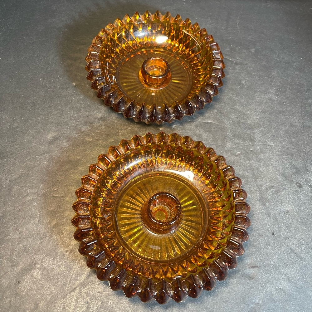Vtg Indiana Glass Amber Diamond Point Round Candle Holder Set of 2 T81